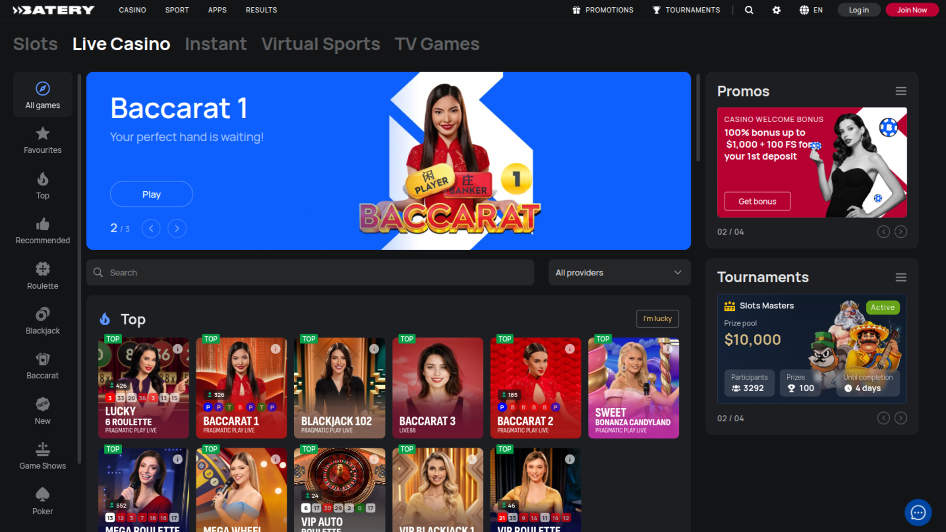 Casinò live di Batery su desktop