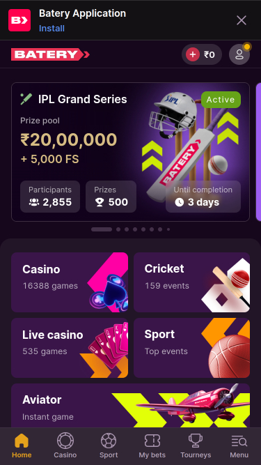 Página de inicio móvil de BateryBet Casino