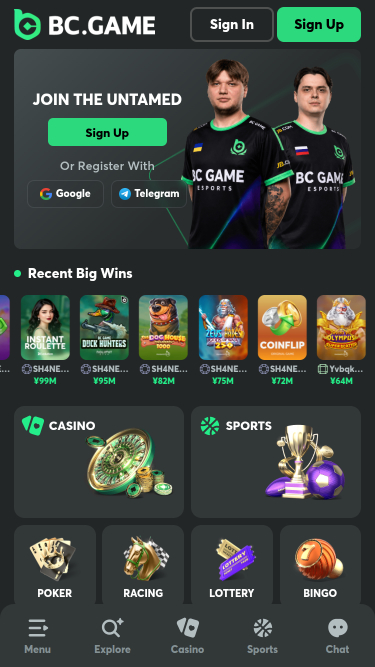 Page d'accueil mobile du casino BC.Game