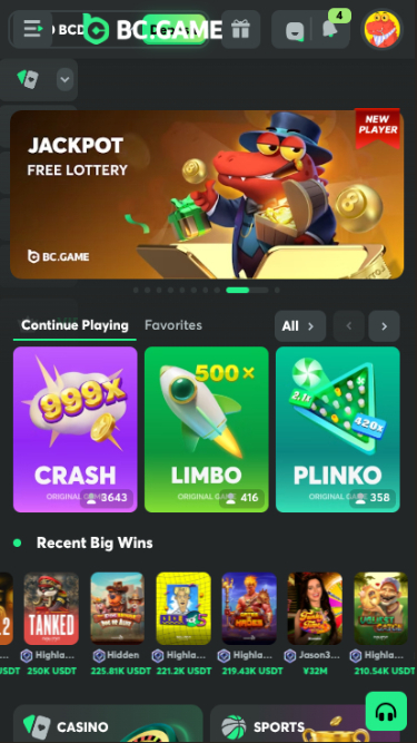 Page d'accueil mobile de BC.Game Casino