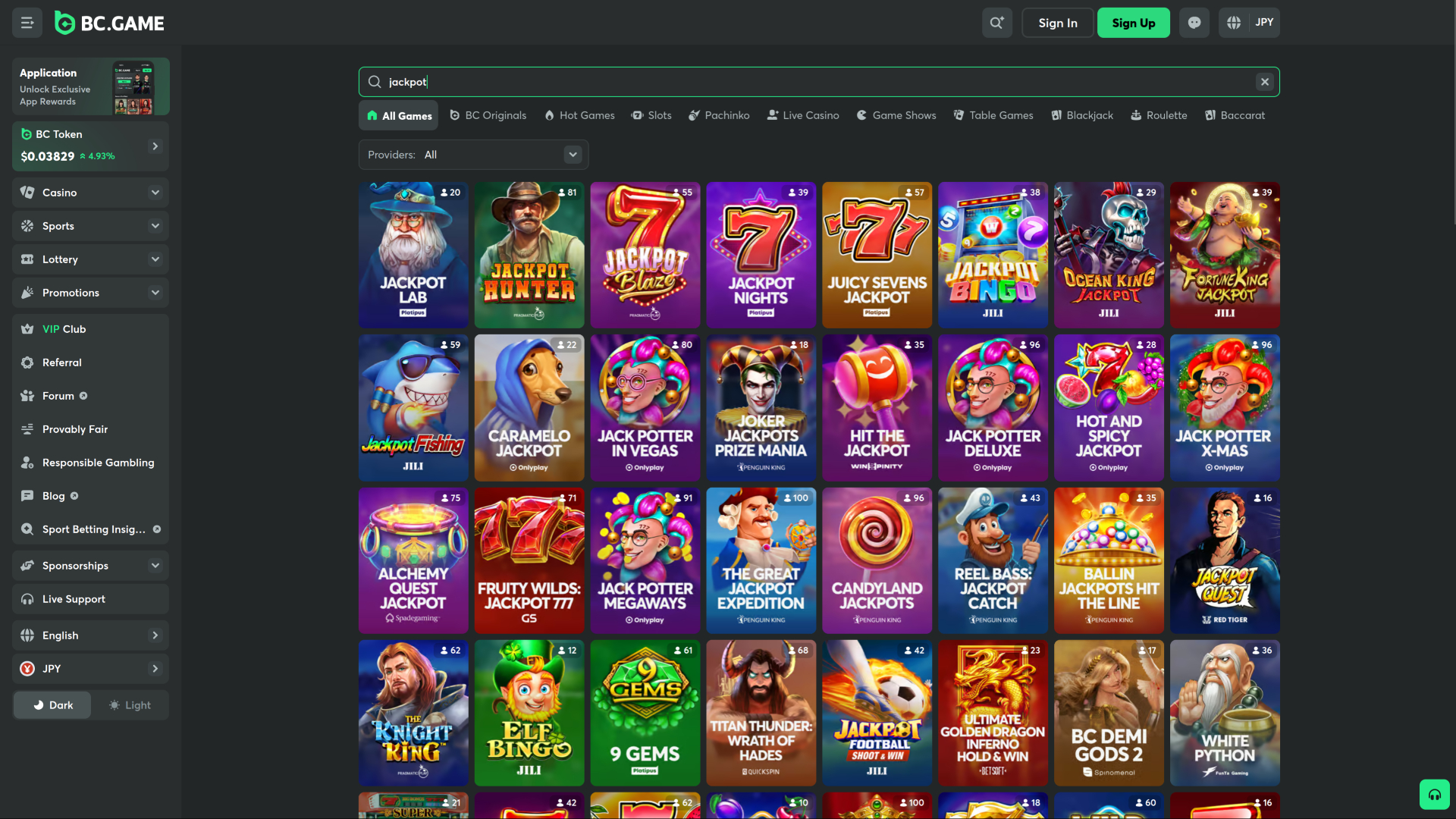 Jackpot de casino BC.Game sur ordinateur