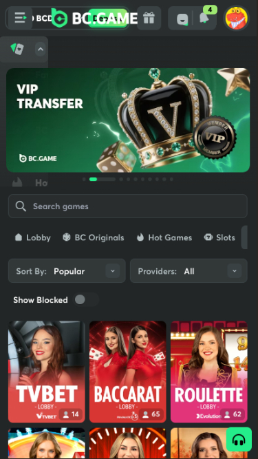 Croupier en direct mobile de BC.Game Casino