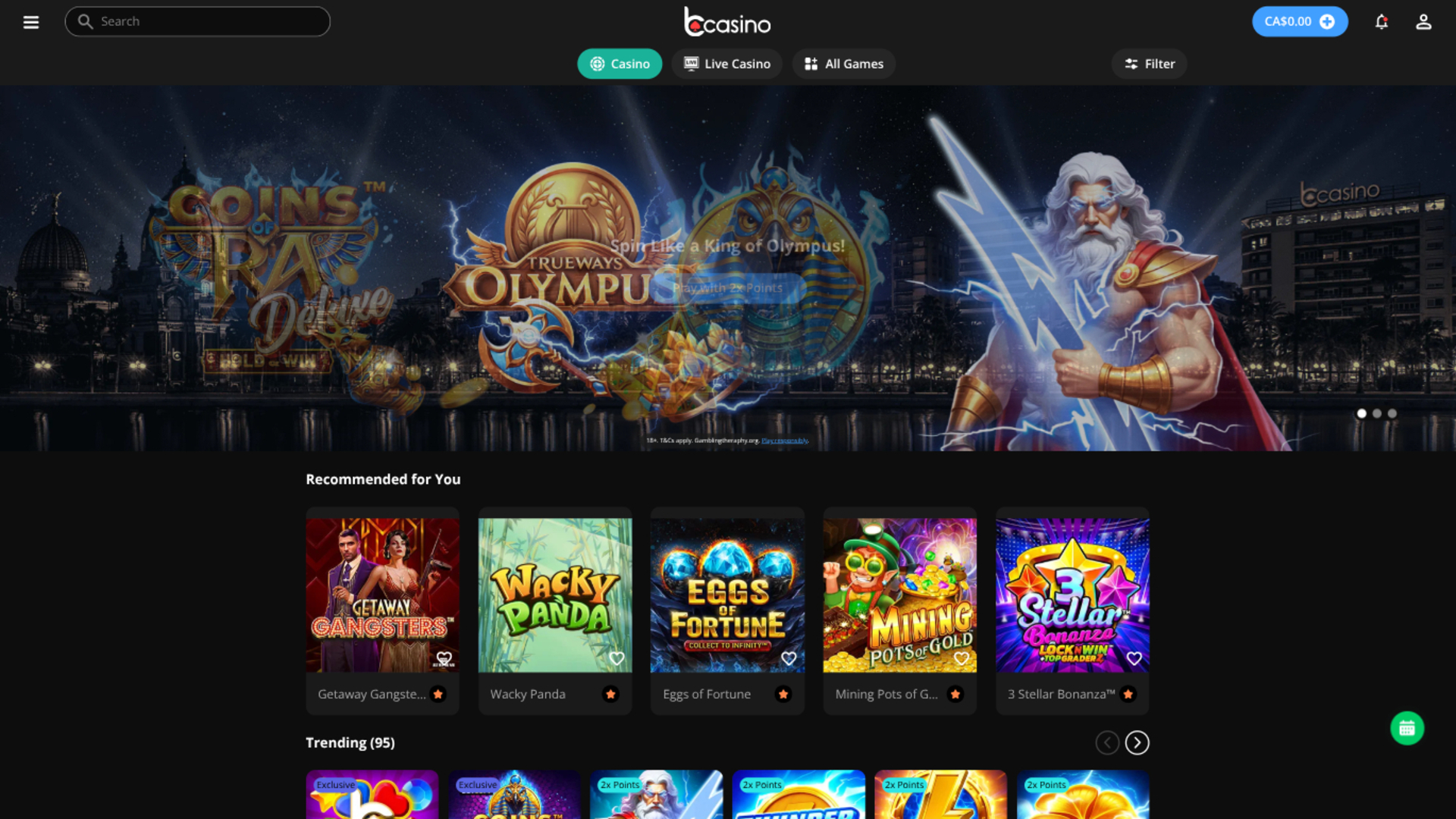 Página de inicio de bCasino para escritorio