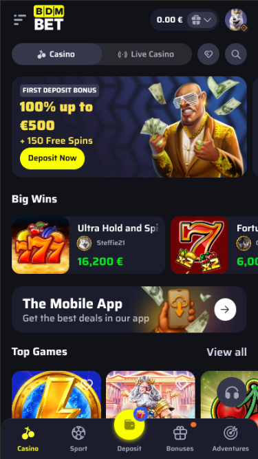 Pagina iniziale mobile di BdmBet Casino