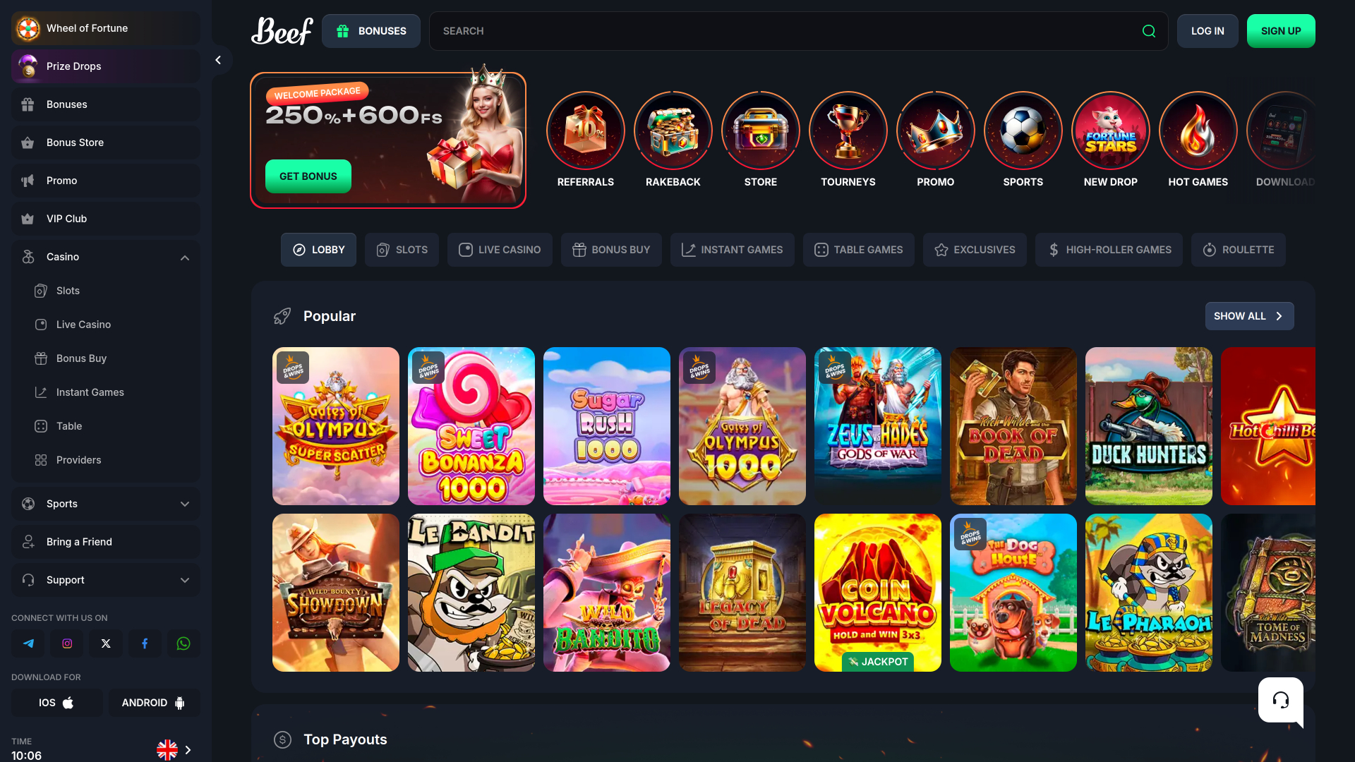 Homepage di Beef Casino Desktop