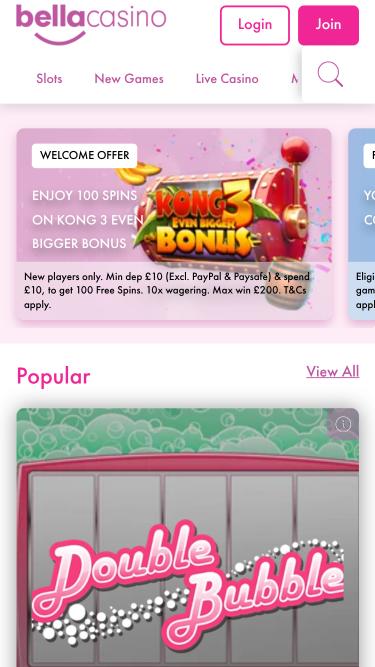 Page d'accueil mobile de Bella Casino