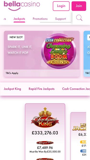 Page mobile du jackpot de Bella Casino