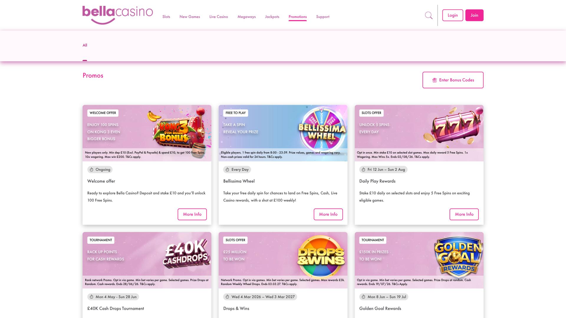 page des promotions du casino Bella