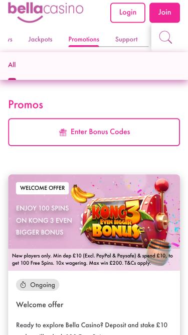 page mobile des promotions de Bella Casino