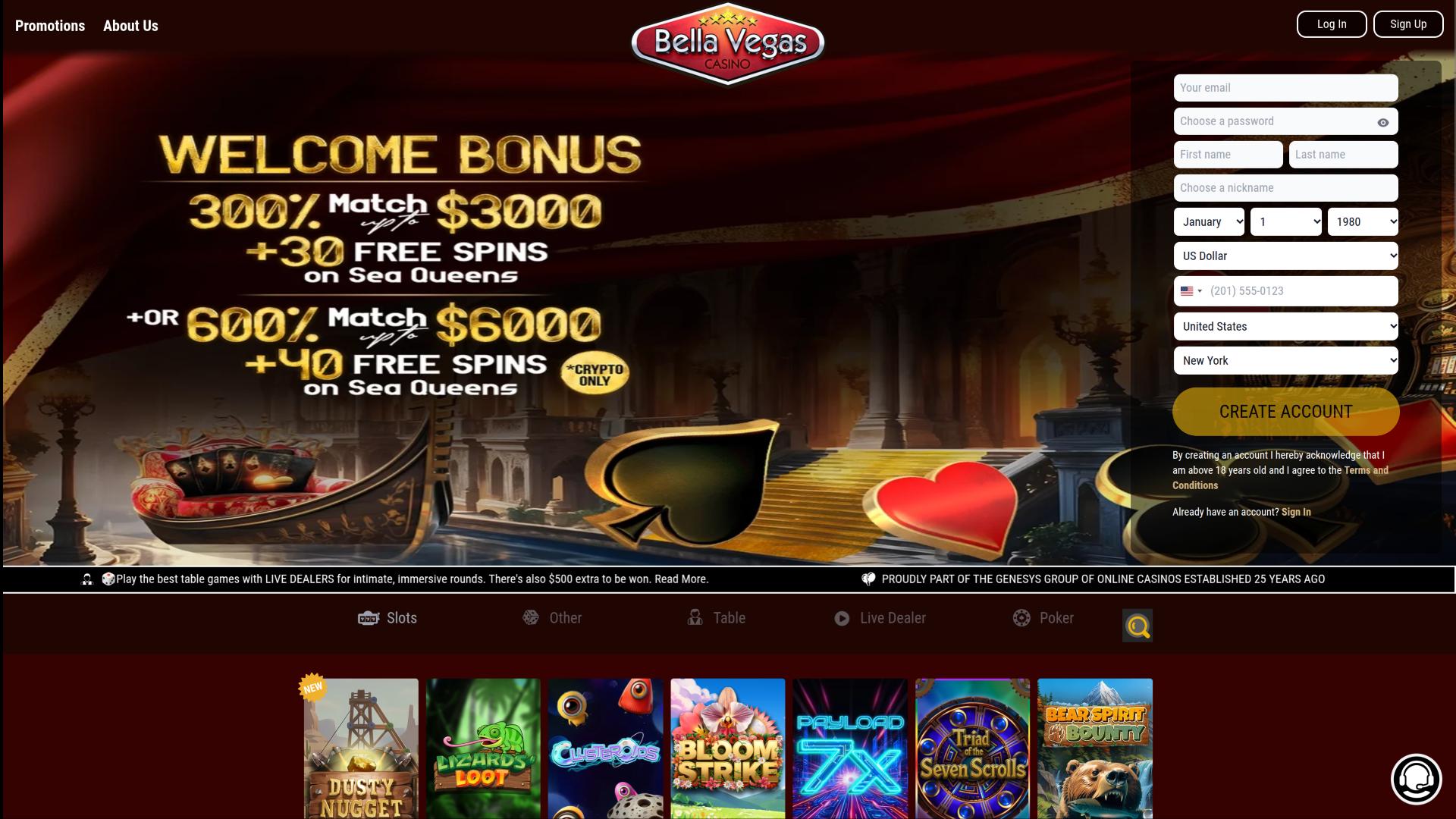 Главная страница Bella Vegas Casino для компьютера
