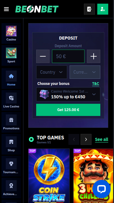 Beonbet Casino Mobile Homepage