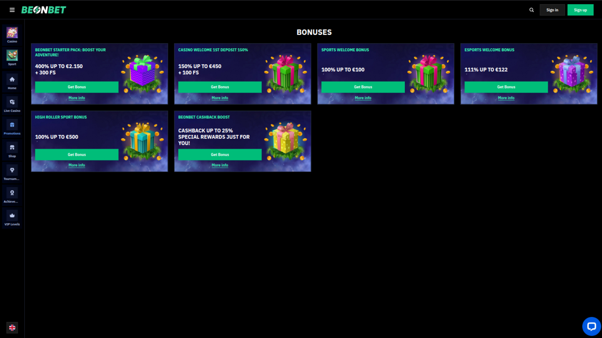 Beonbet Casino Desktop Promotions