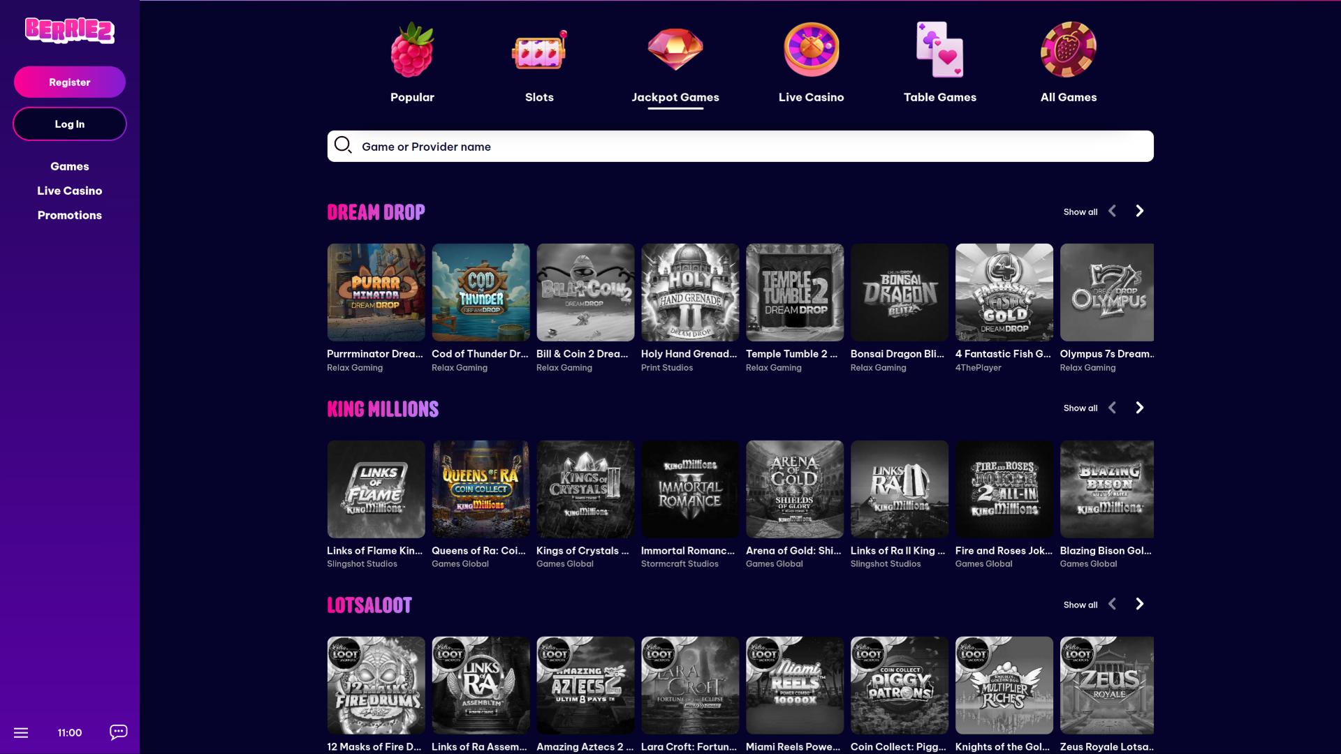 Berriez Casino jackpot page