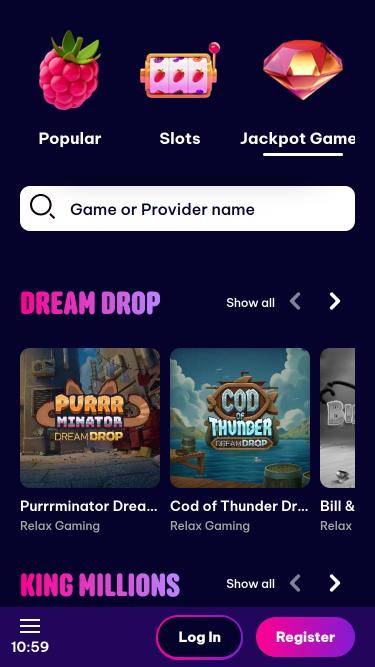 Berriez Casino jackpot mobile page