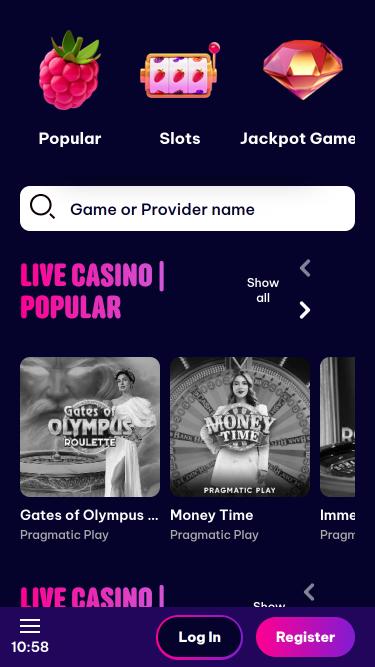 Berriez Casino live dealer mobile page