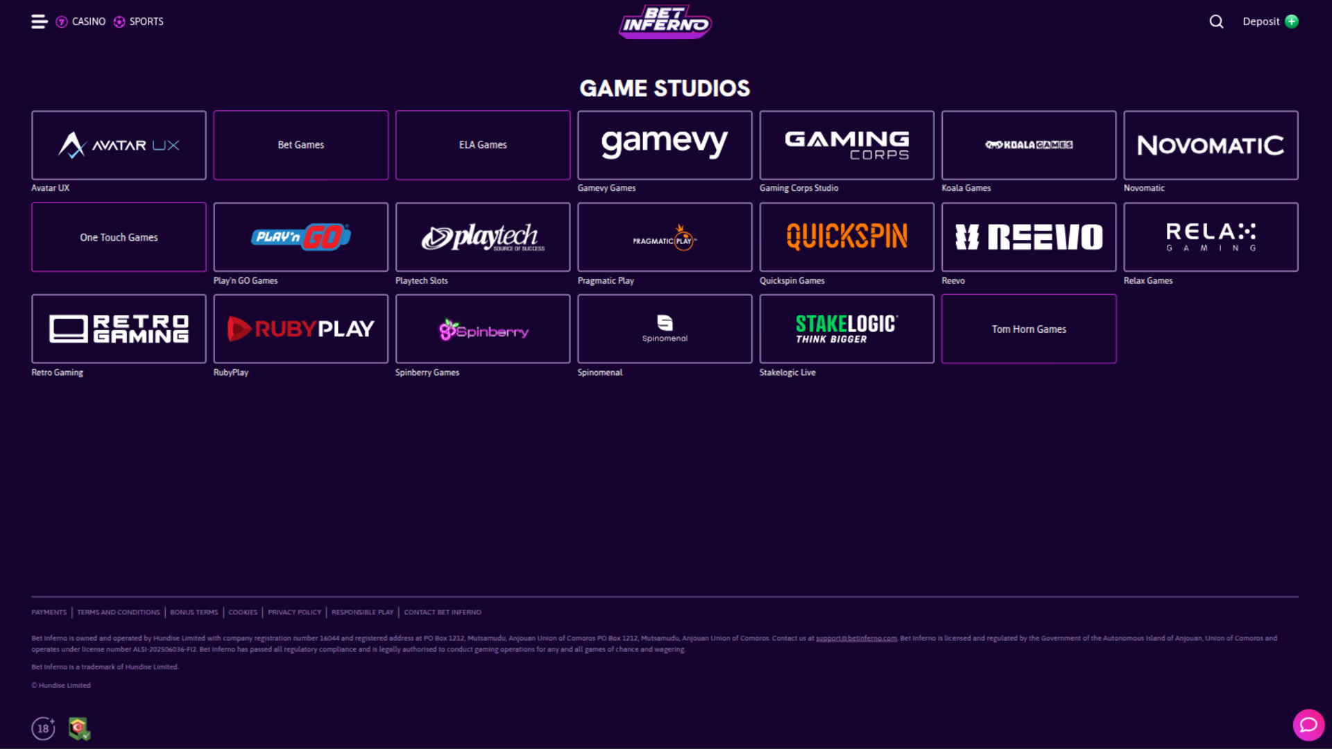 Développeurs de jeux de Bet Inferno Casino sur ordinateur