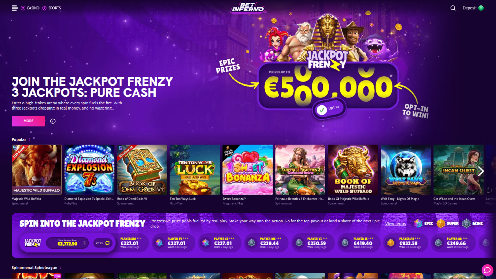 Page d’accueil de Bet Inferno Casino sur ordinateur