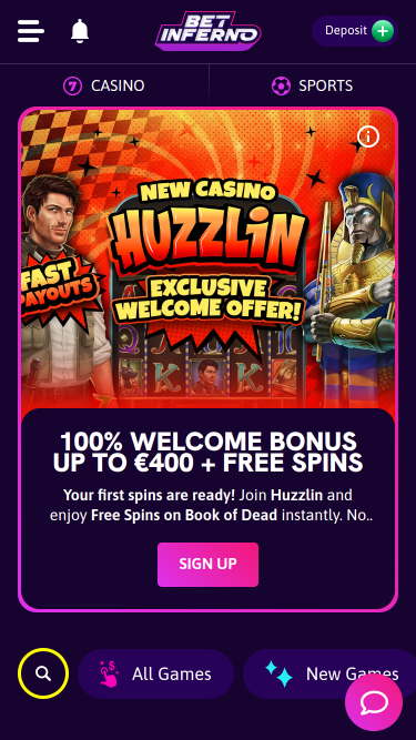 Page d’accueil mobile de Bet Inferno Casino