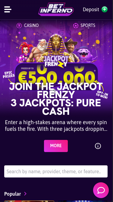 Page d’accueil mobile de Bet Inferno Casino