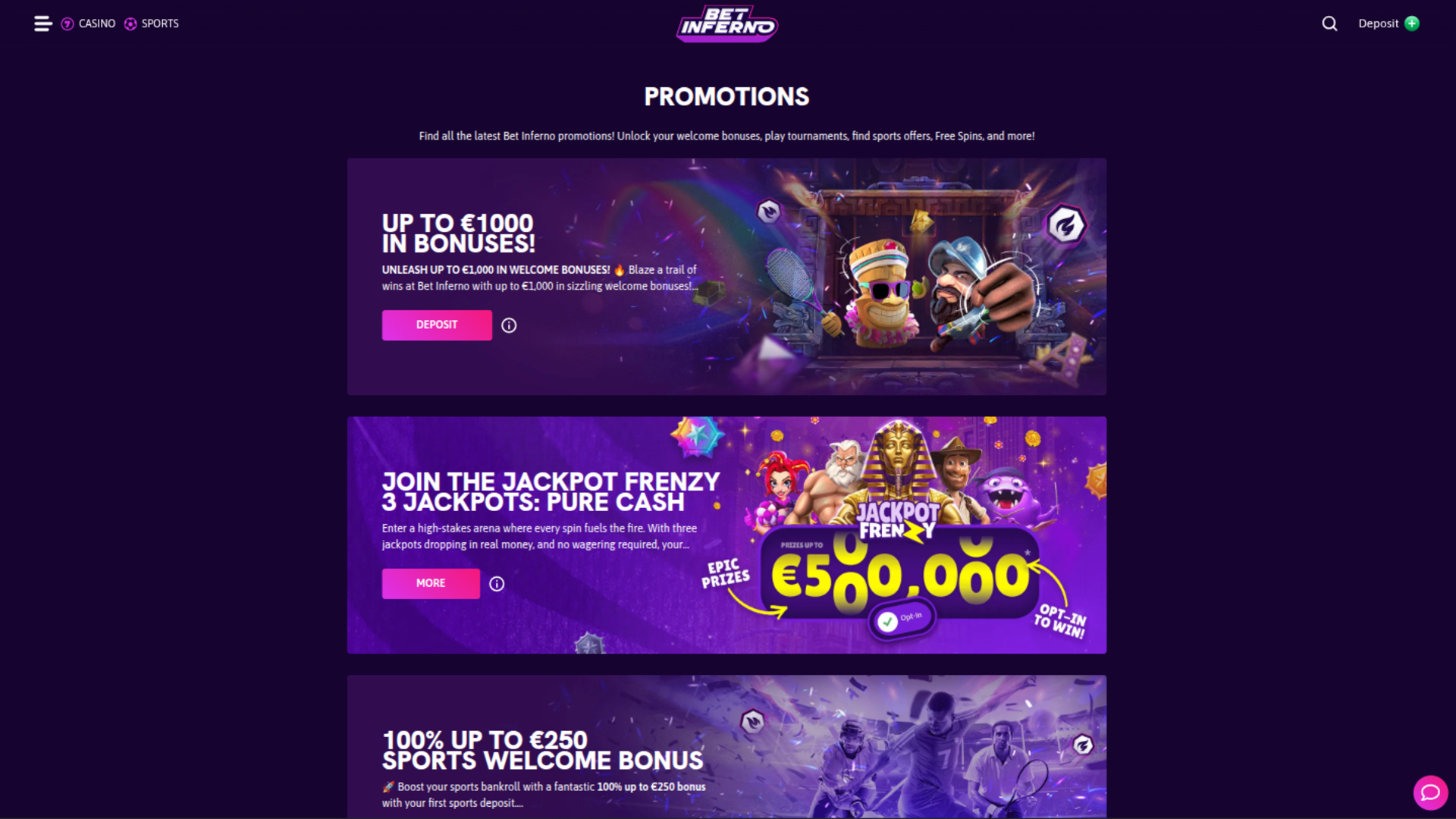 Promotions de Bet Inferno Casino sur ordinateur