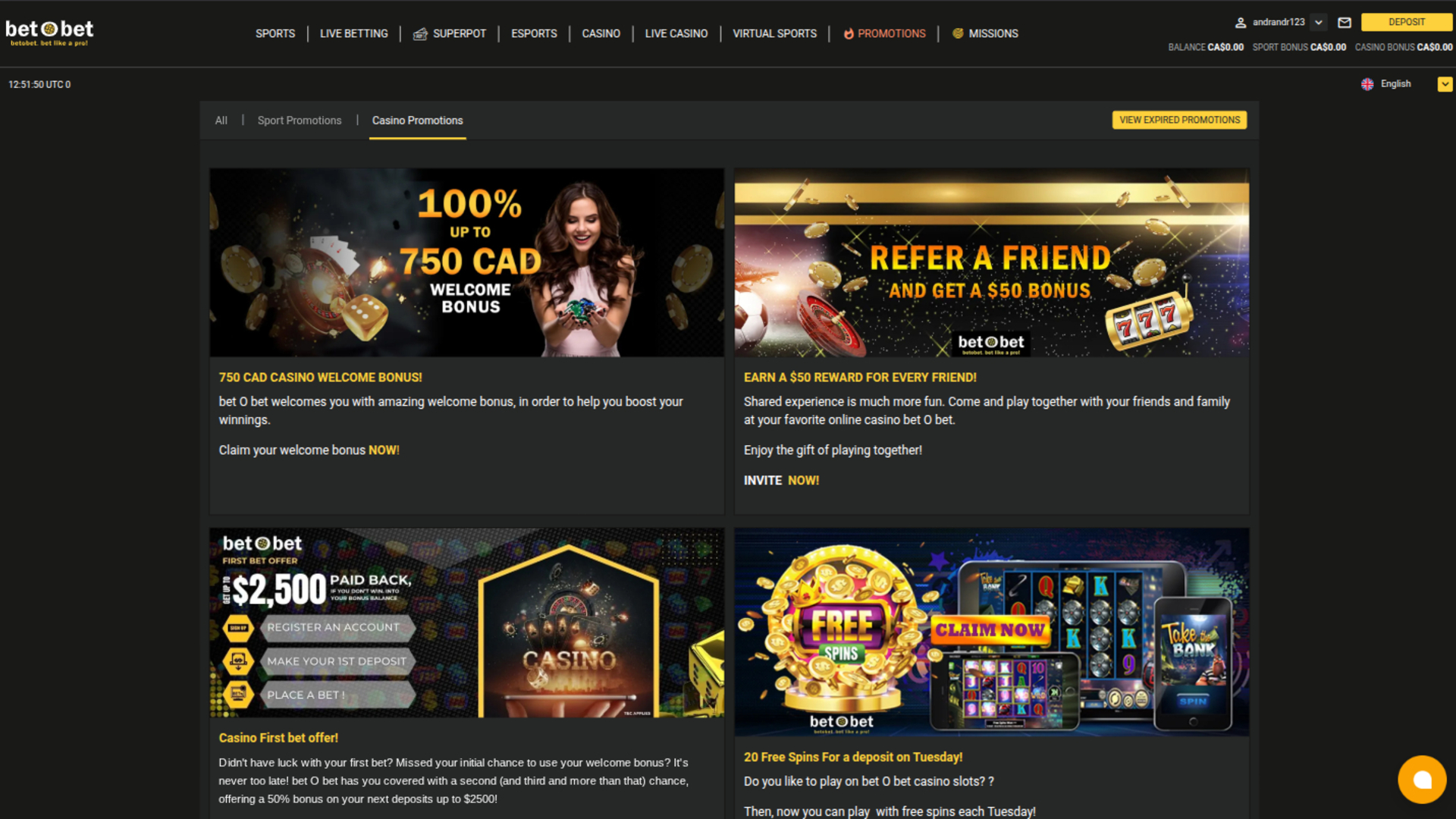 Promotions de bureau de Bet O Bet Casino