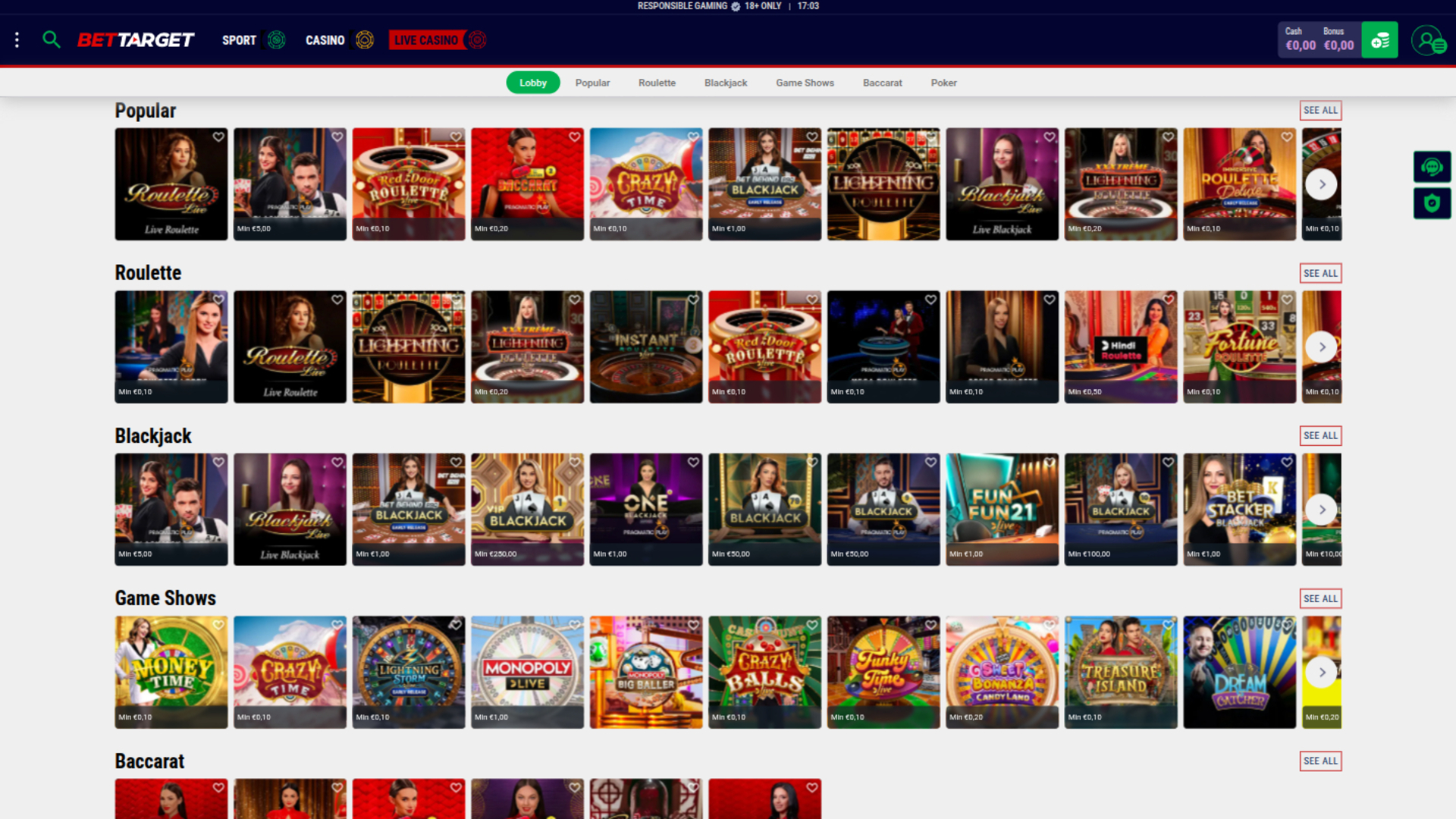Casino en vivo con crupier de Bet Target en escritorio