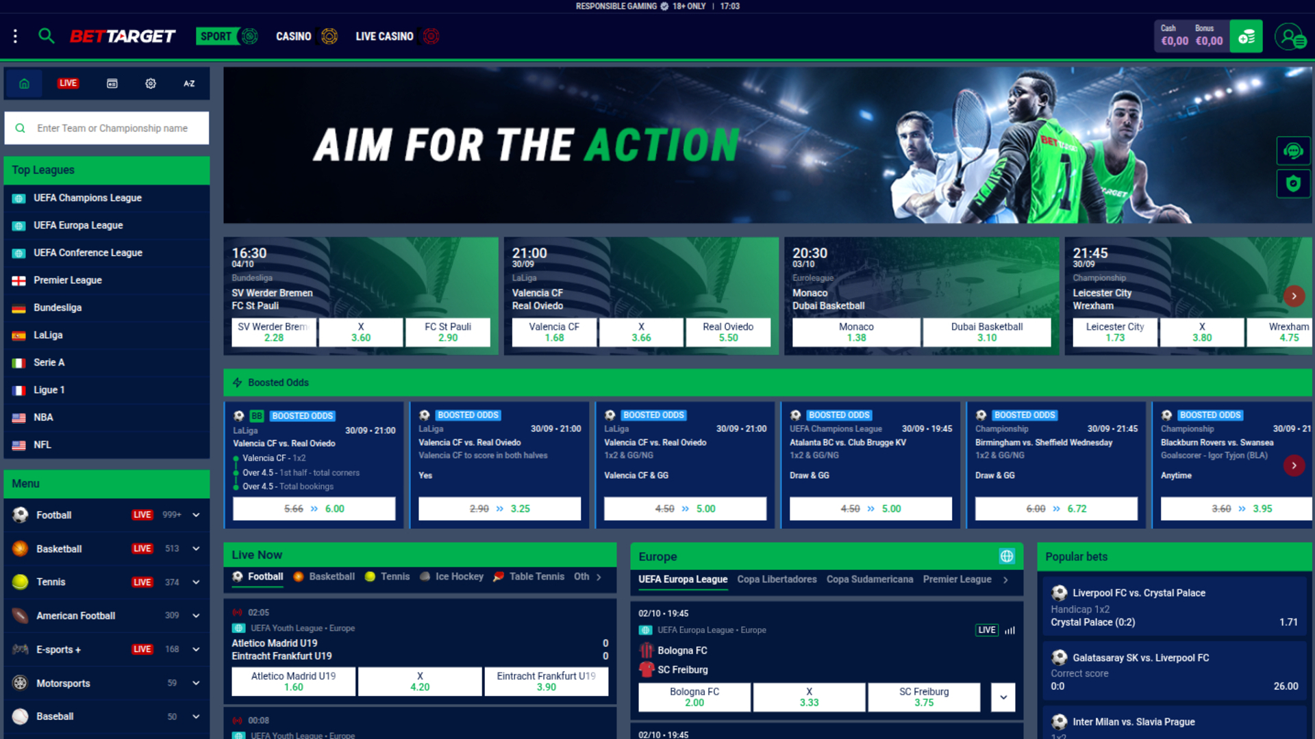 Deportes de Bet Target Casino en escritorio