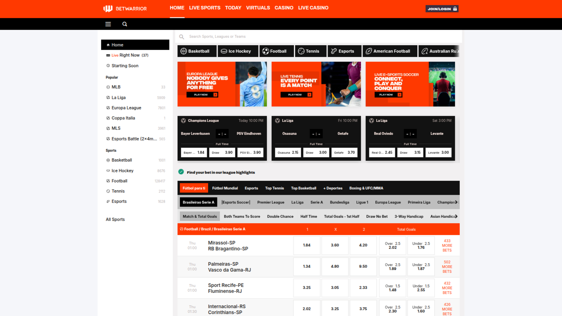 Page d’accueil de Bet Warrior sur ordinateur