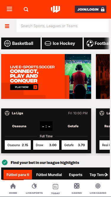 Page d’accueil mobile de Bet Warrior