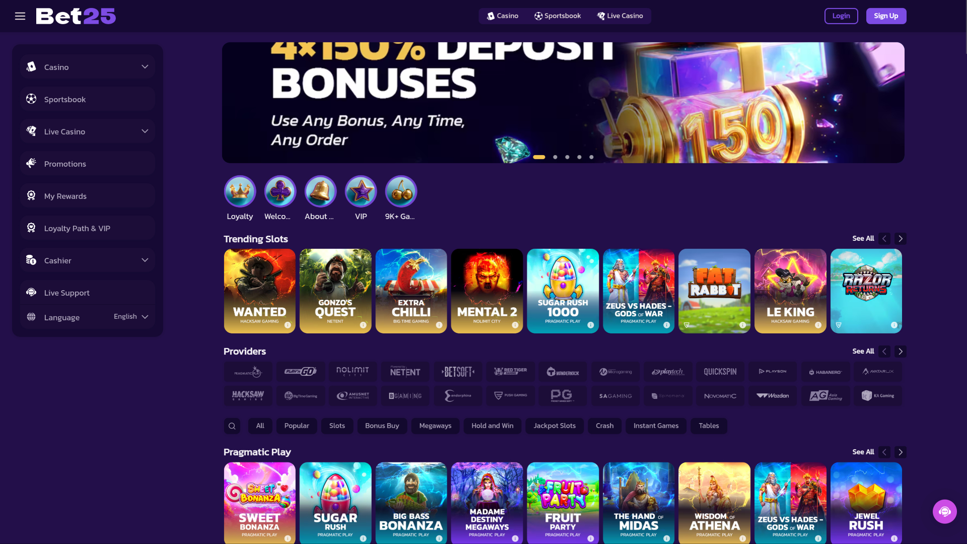 Page d'accueil du casino Bet25