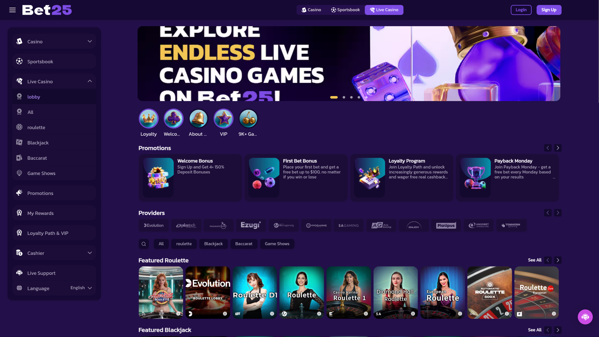 Casino Bet25 avec croupier en direct