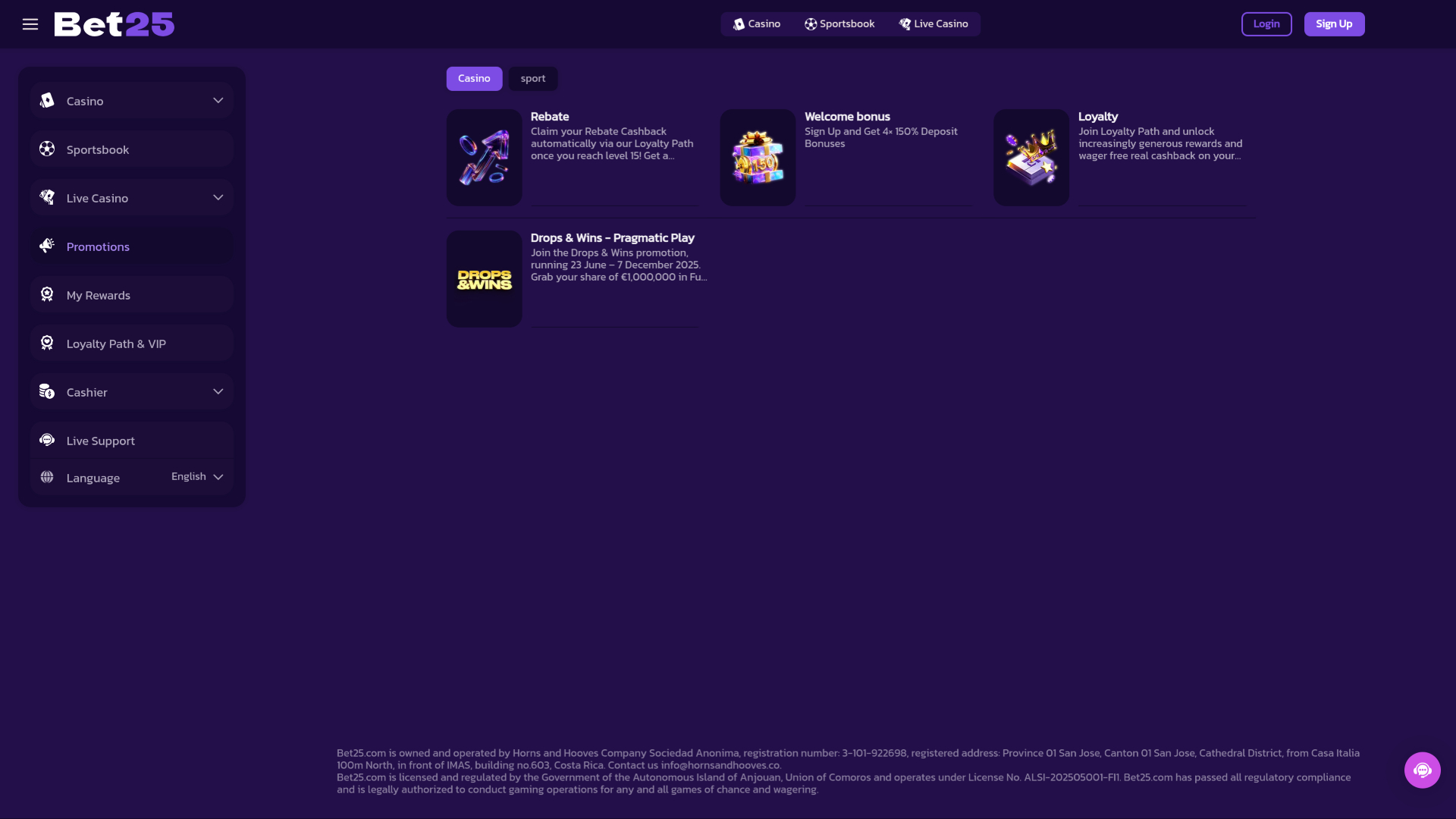 Promotions du casino Bet25