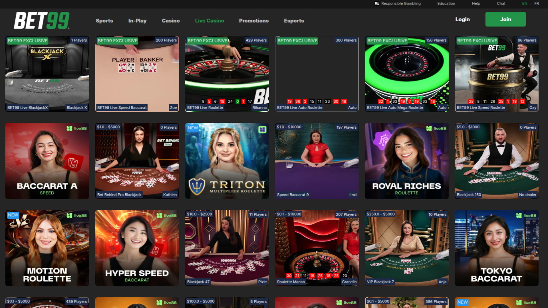 Crupier en vivo de Bet99 Casino en escritorio