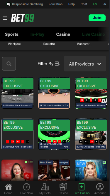 Crupier en vivo móvil de Bet99 Casino