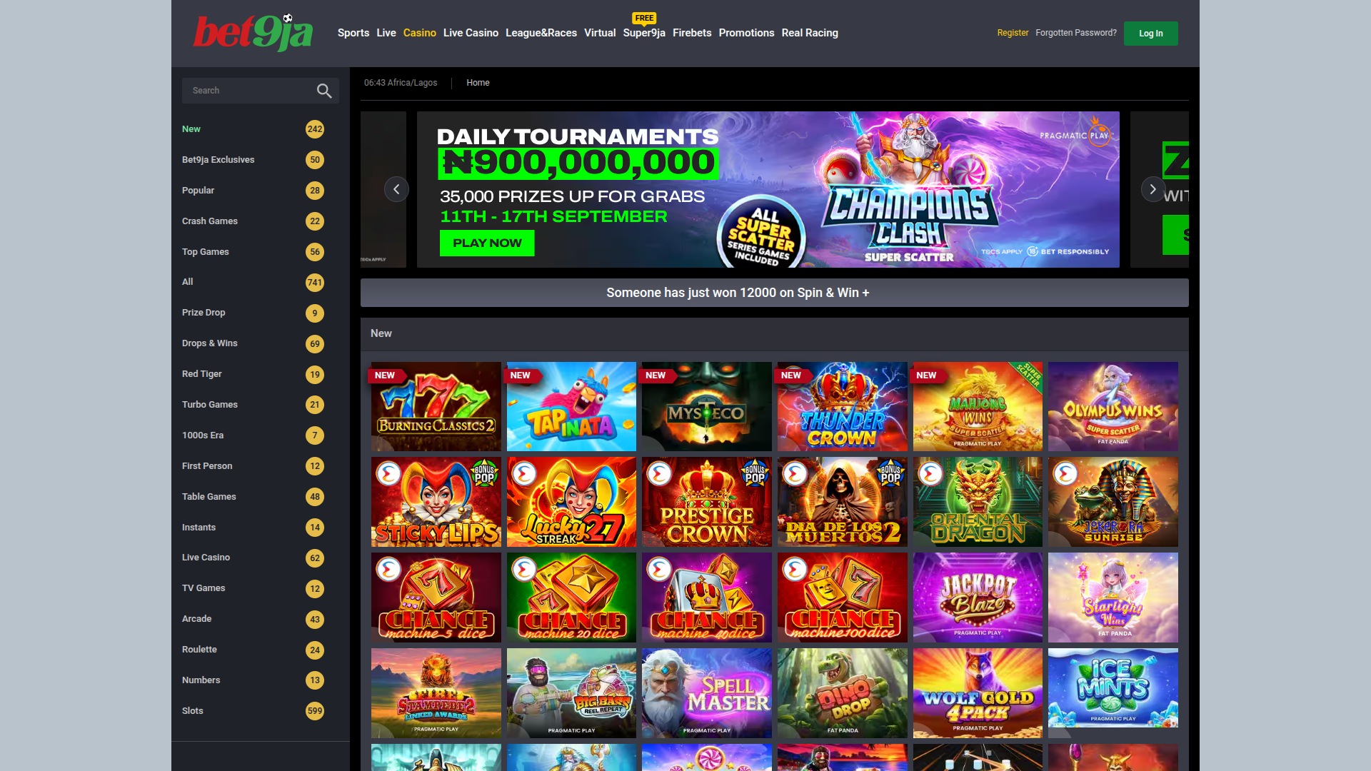 Page d'accueil de bureau de Bet9ja Casino