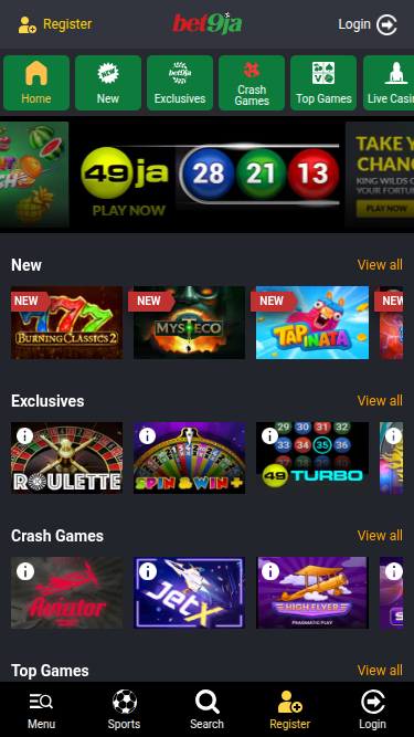Page d'accueil mobile de Bet9ja Casino