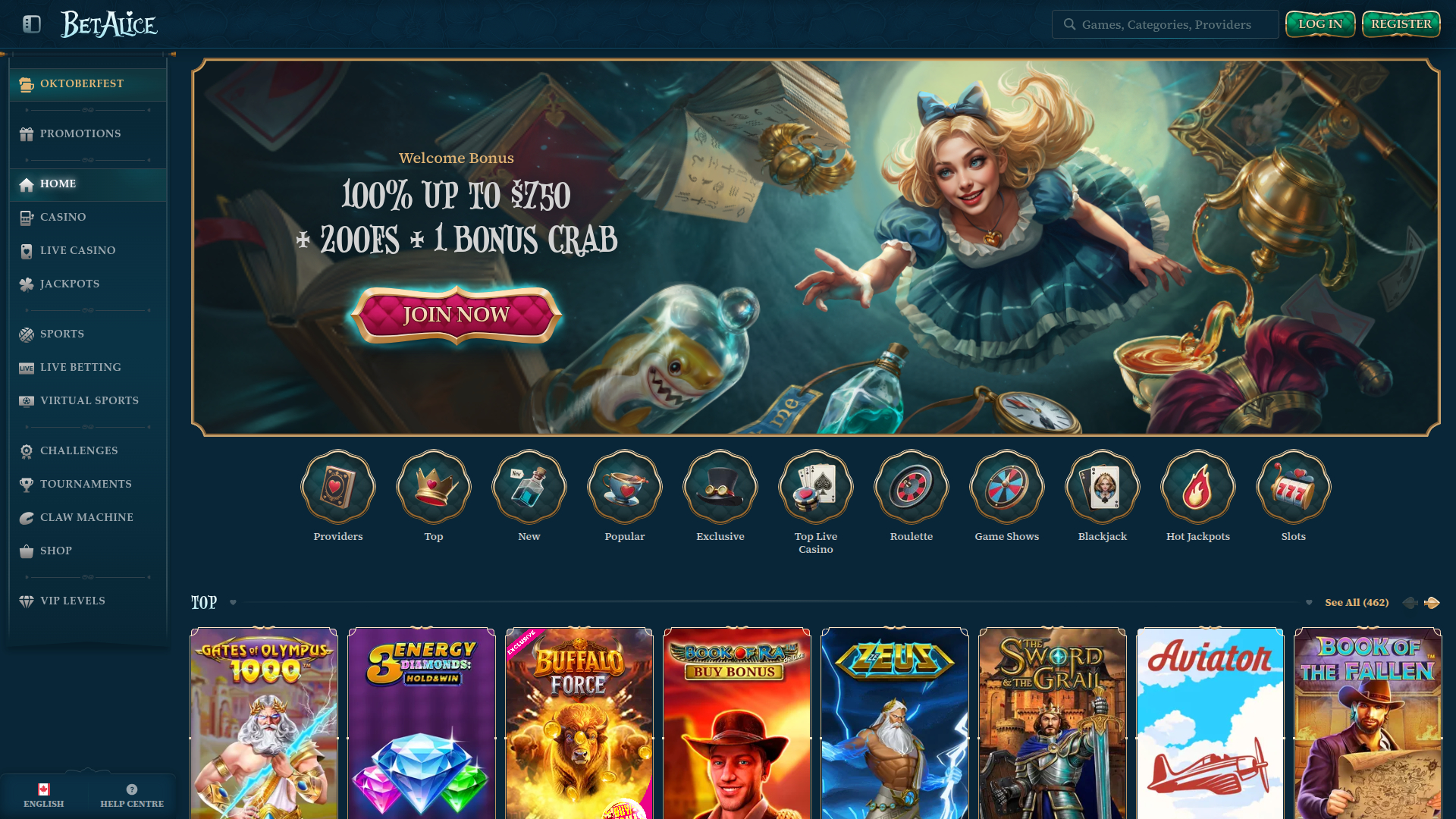 BetAlice Casino Desktop-Startseite