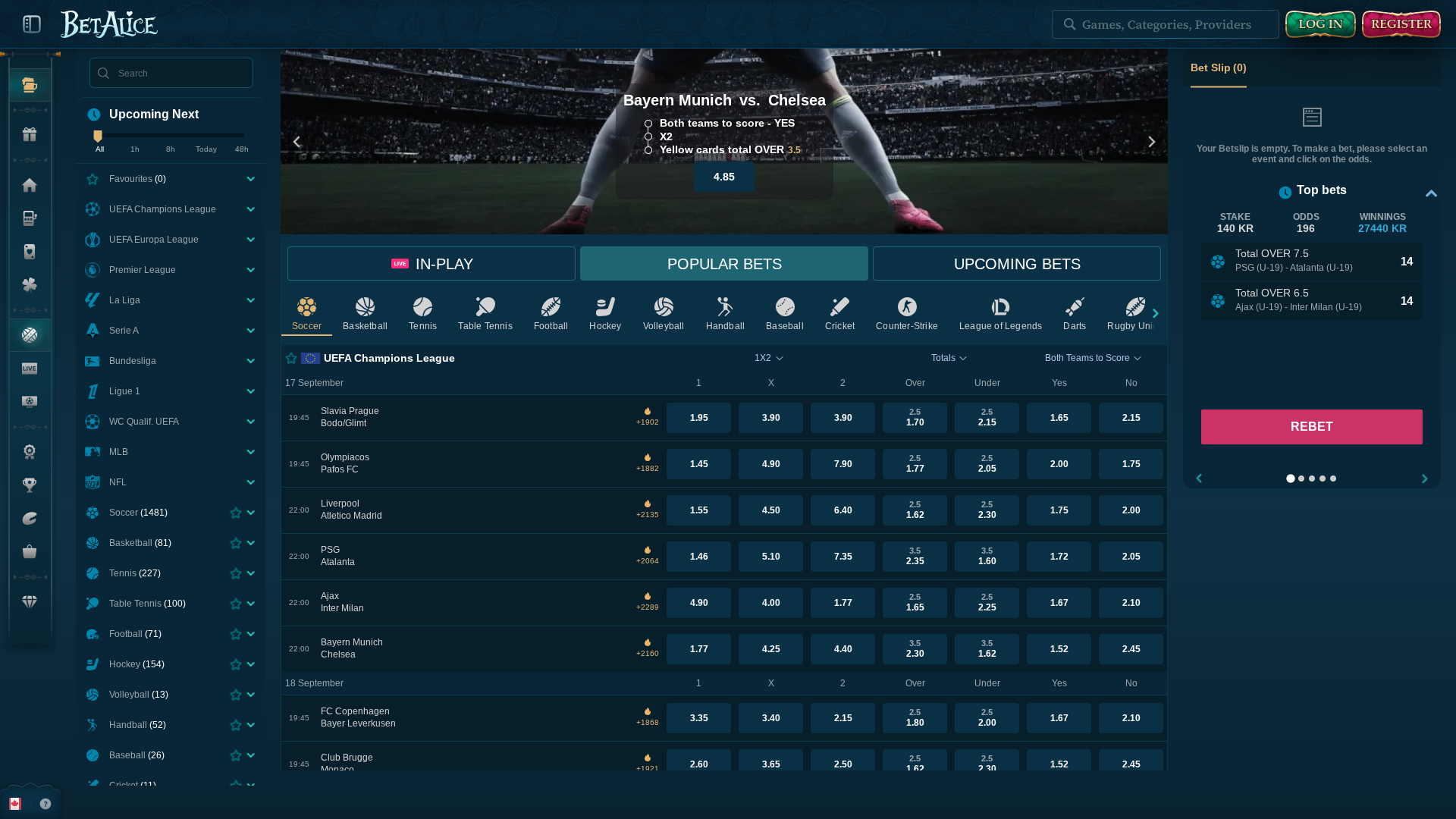 BetAlice Casino Desktop-Sportwetten