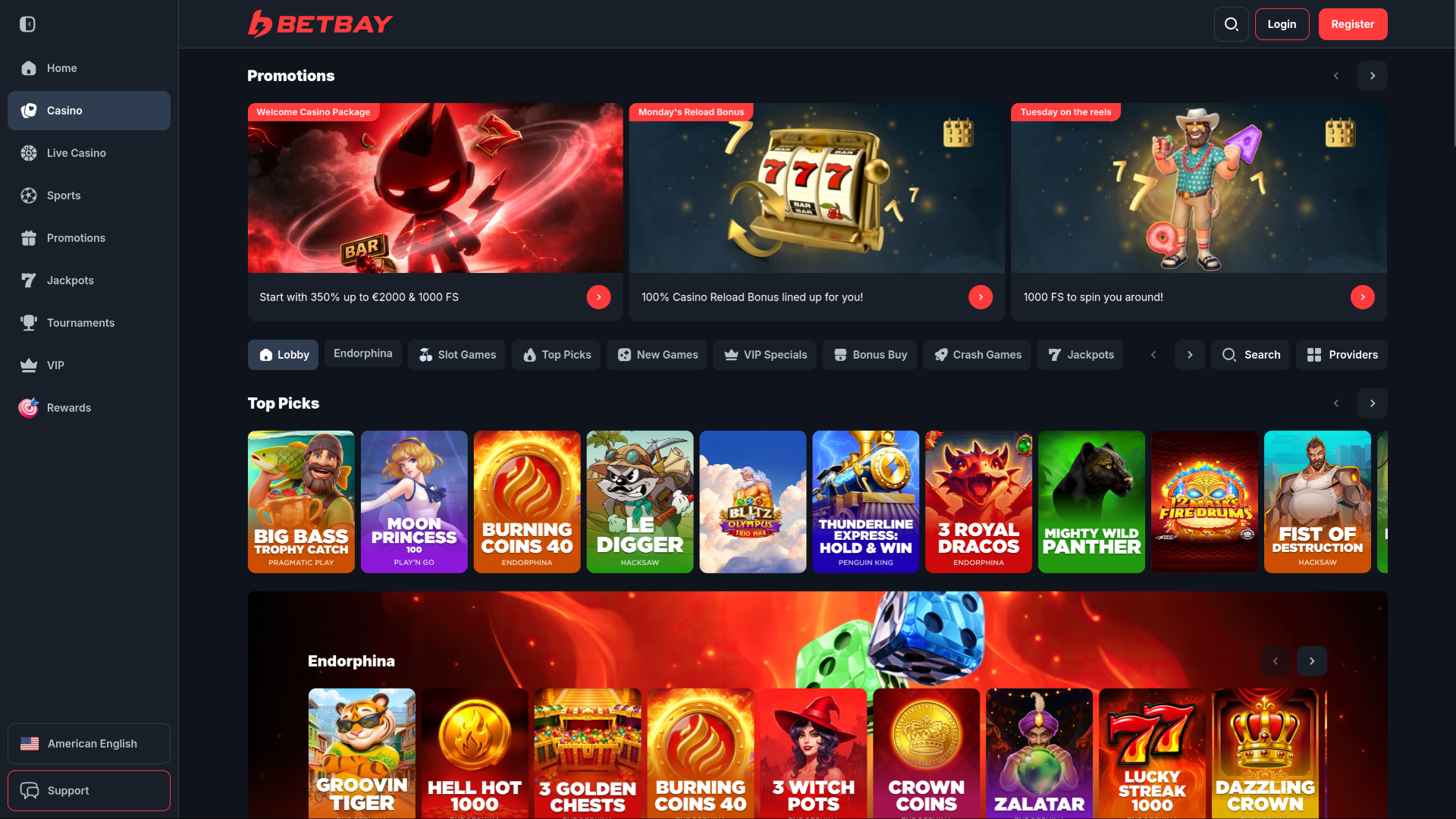 Pagina iniziale desktop di BetBay Casino
