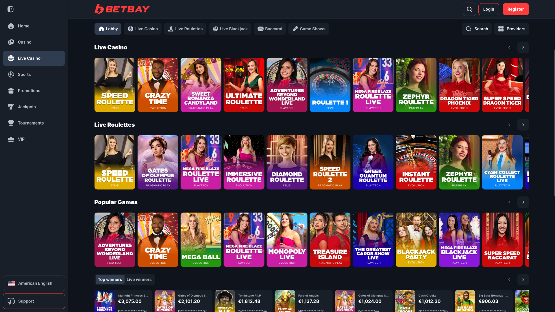 Casinò BetBay con croupier dal vivo su desktop