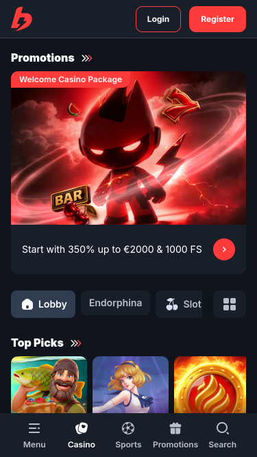 Pagina iniziale mobile di BetBay Casino