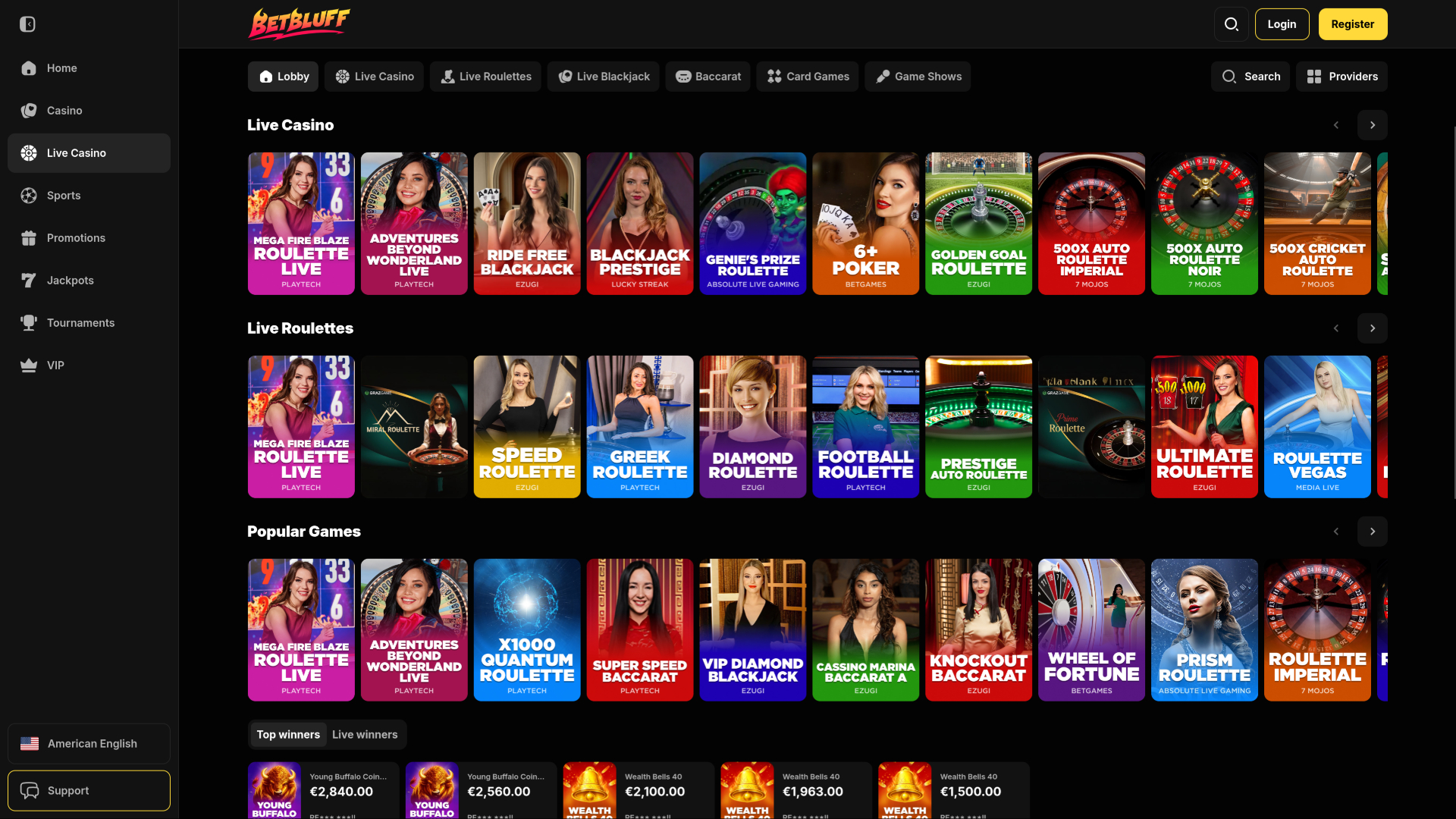 Casinò BetBluff Desktop con croupier dal vivo