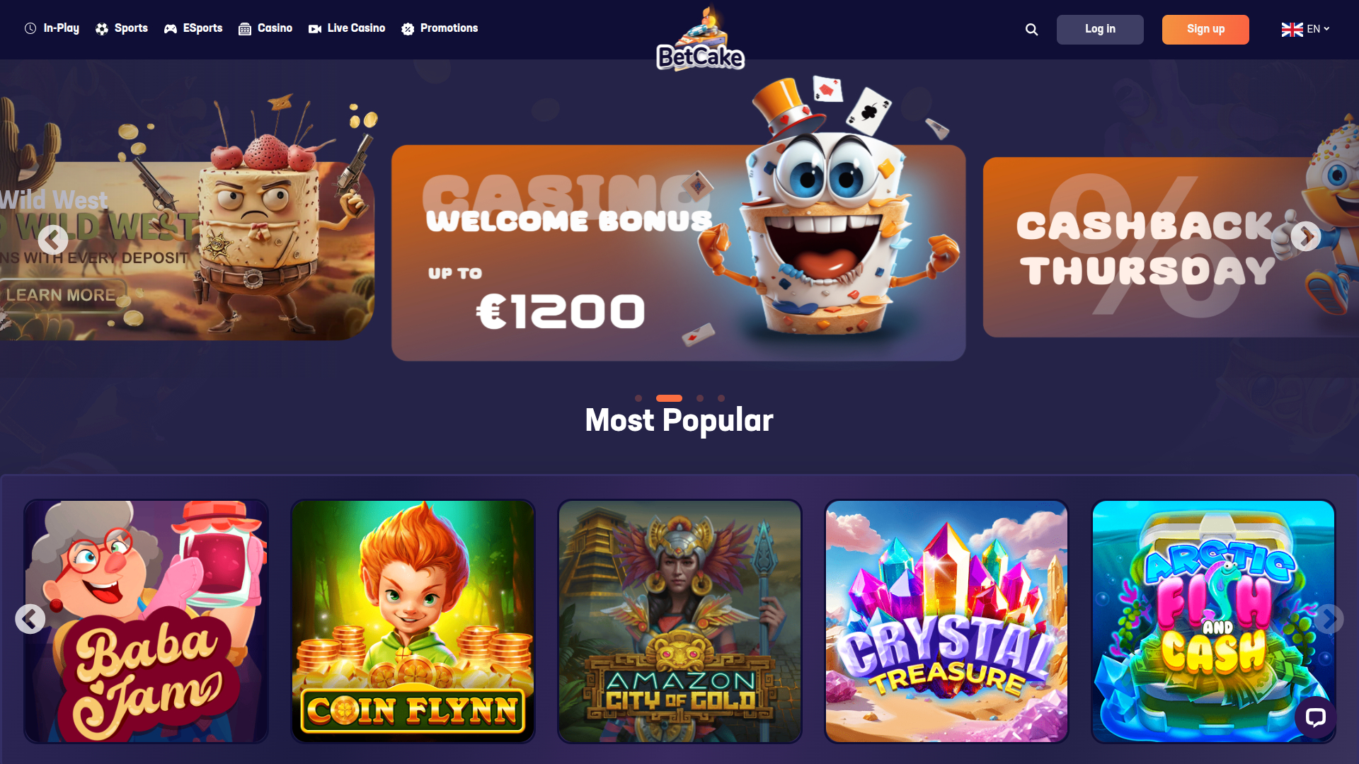 Página de inicio de escritorio de BetCake Casino