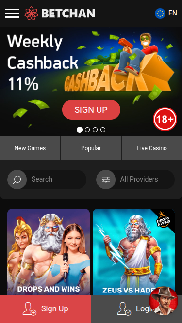 Página de inicio móvil de Betchan Casino