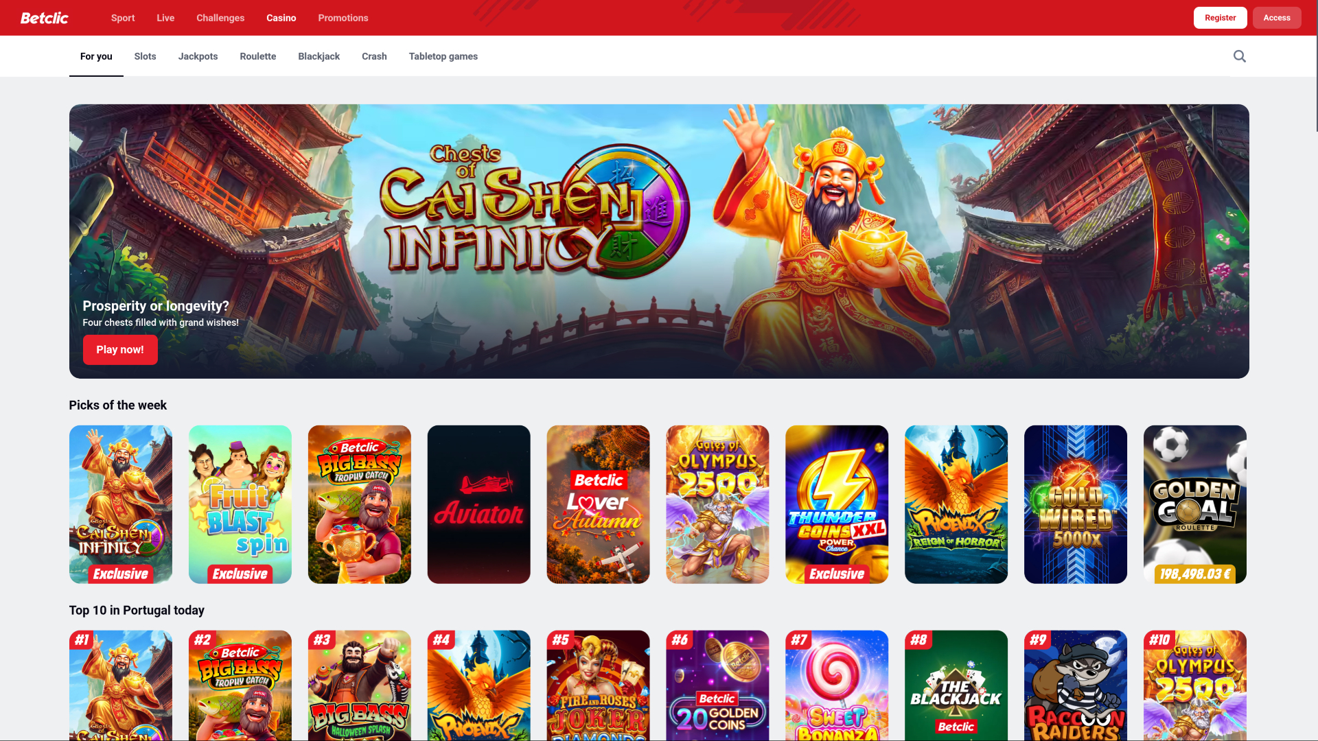 Página de inicio de escritorio del casino Betclic