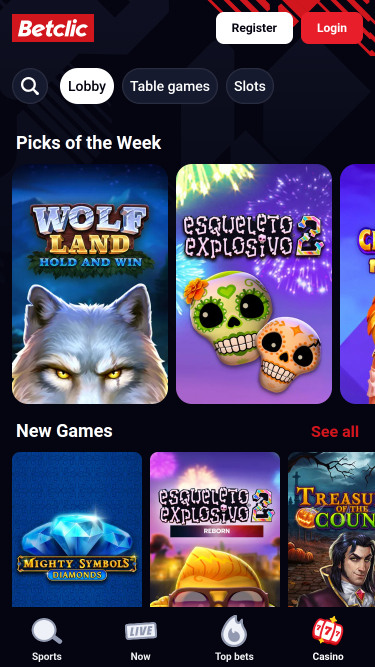 Betclic Casino Mobile Homepage