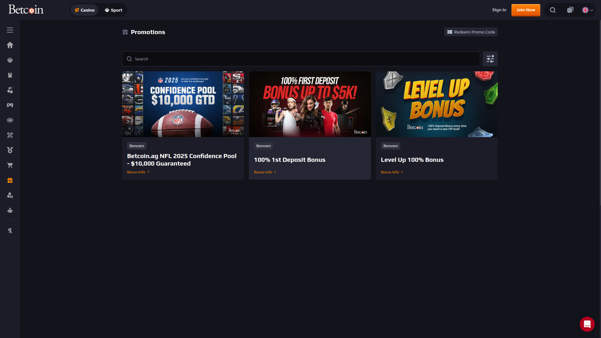 Promociones de escritorio de Betcoin Casino