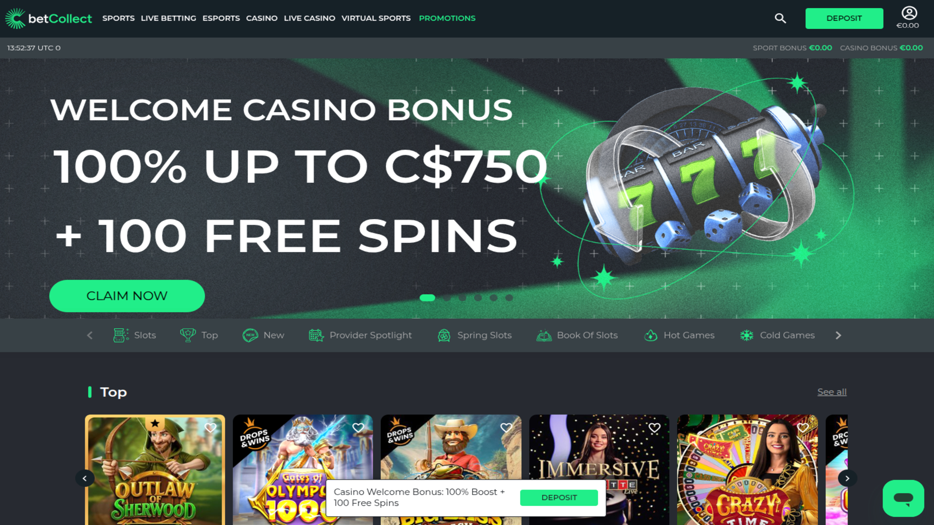 Página de inicio de escritorio del casino Betcollect