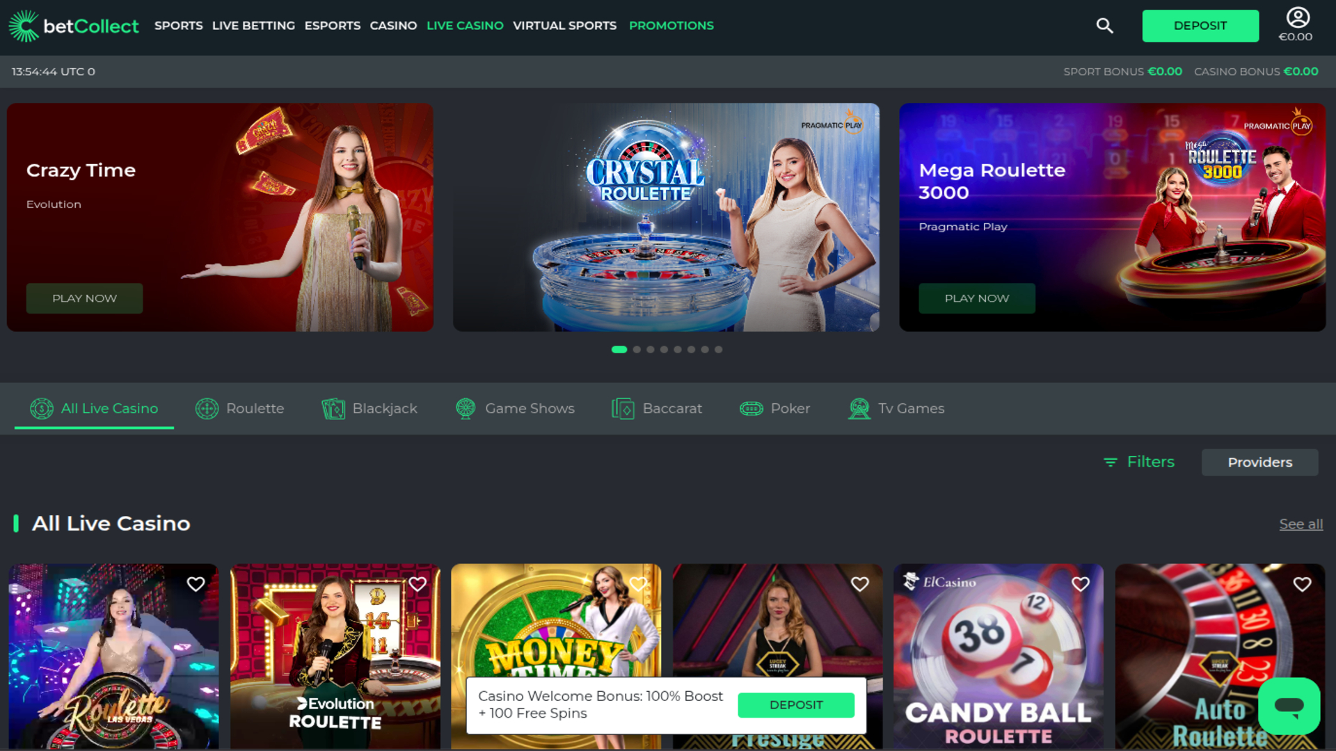 Casino Betcollect con crupier en vivo para escritorio
