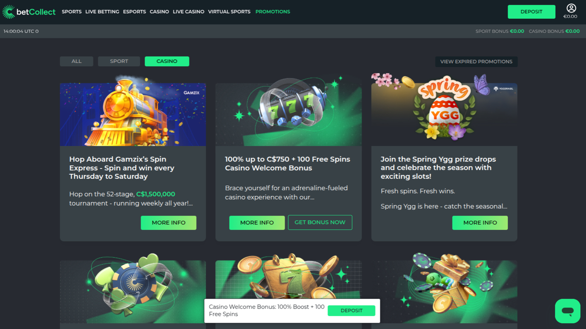 Promociones de Betcollect Casino para ordenador